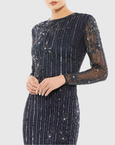 Navy Embellished High Neck Illusion Long Sleeve Gown